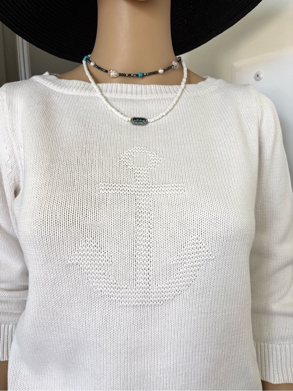 Talbots White Anchor Knit Crew Sweater 3/4 sleeves cotton size S used